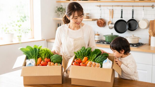 パルシステムとコープの食材を見比べる台所のママと子ども