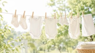 屋外の緑の中で干された赤ちゃんの白い肌着と靴下｜シャボン玉スノール無添加洗剤の安全性と使い心地
